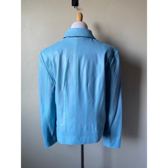 Y2K St. John Sport By Marie Gray Blue Leather Jacket w/ Red Trim Accents/Lining - Picture 5 of 16